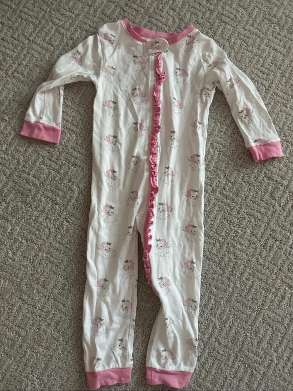 Pink-Trim White Floral Ruffle Front One-Piece Footie Pajamas